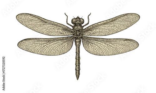 Ornamental dragonfly engraving on gold background for artistic design and decor