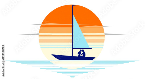 Romantic couple sailing a boat on the ocean with a vibrant orange sunset. Flat minimalist vector illustration of travel.