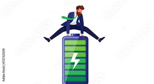 Energetic businessman in suit on a full green battery icon with lightning bolt. High power and motivation vector concept.
