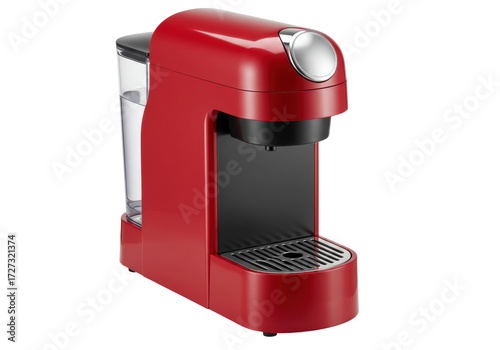 Photography Isolated Compact Red Capsule Coffee Maker for One Cup of Coffee Ready to Serve