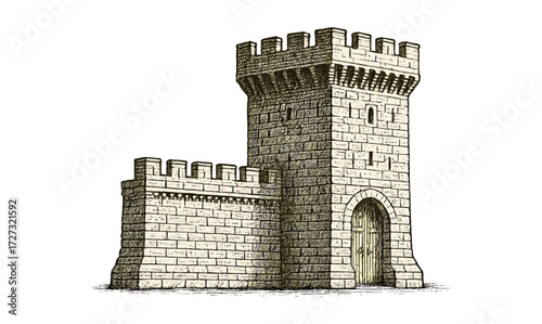 Medieval fortress tower - simple architectural illustration for historical design projects