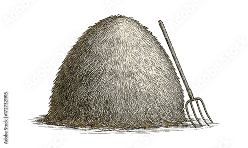Vintage haystack and pitchfork engraving illustration ideal for rustic decor and print design
