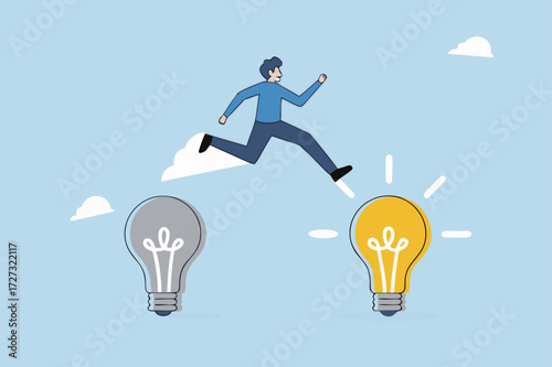Business transformation, entrepreneur leaps from outdated to a brilliant new lighting concept.