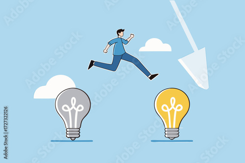 Business transformation, entrepreneur leaps from outdated to a brilliant new lighting concept.
