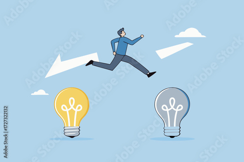Business transformation, entrepreneur leaps from outdated to a brilliant new lighting concept.