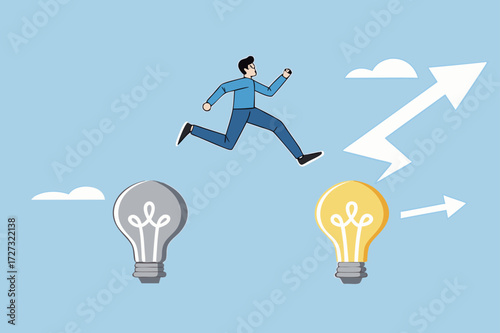 Business transformation, entrepreneur leaps from outdated to a brilliant new lighting concept.