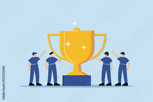 Team success recognition, joy achievement entrepreneurs group celebrating with victory trophy.