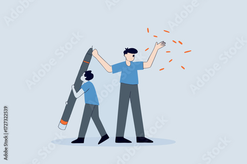 young pity woman working hard holding big pencil with bigger businessman liar get reward from her work.