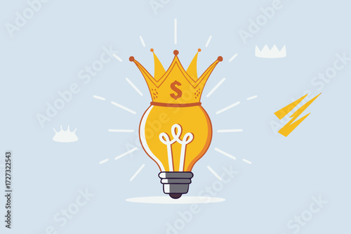creative genius, glowing bright light bulb idea lamp with golden crown.