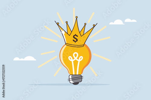 creative genius, glowing bright light bulb idea lamp with golden crown.