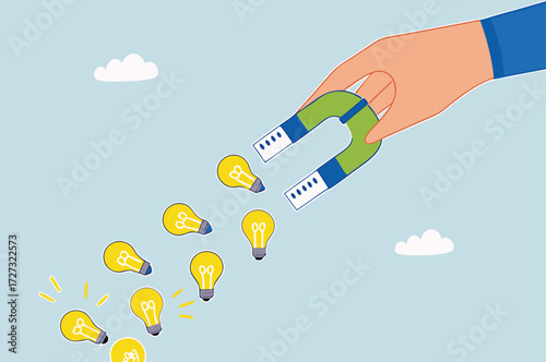 businessman with magnet to magnetize light bulb ideas.