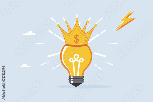 creative genius, glowing bright light bulb idea lamp with golden crown.