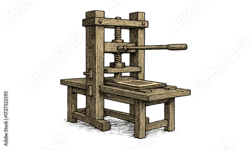 Detailed illustration of a vintage printing press for historical design projects