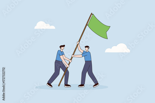 teamwork of businessman helps raise the victory flag.
