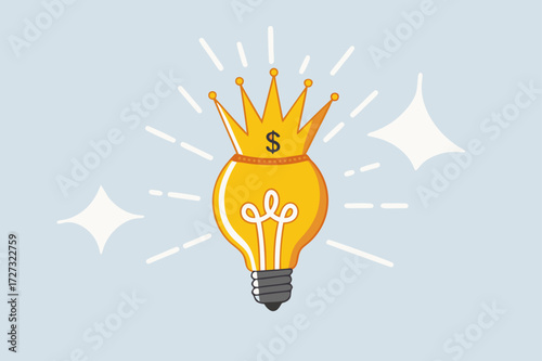 creative genius, glowing bright light bulb idea lamp with golden crown.