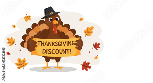 Cartoon turkey holding Thanksgiving discount sign with autumn leaves  