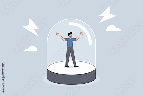 depressed businessman to prison by small glass dome.
