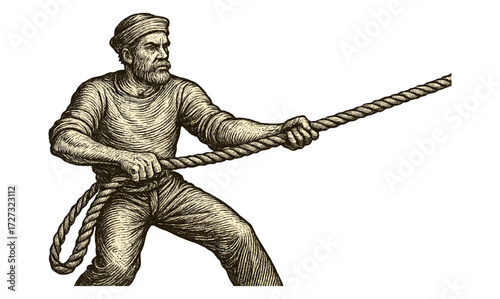 Vintage sailor engraving pulling rope on yellow background for nautical design