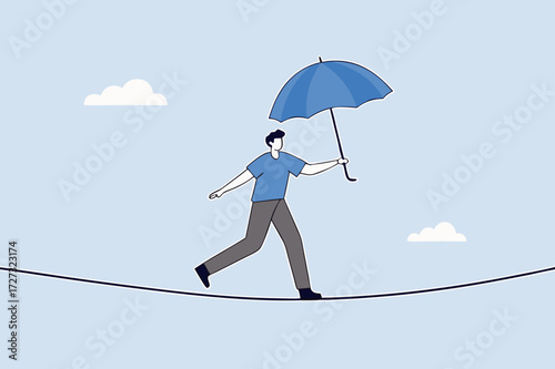 brave businessman balanced walk on high rope.