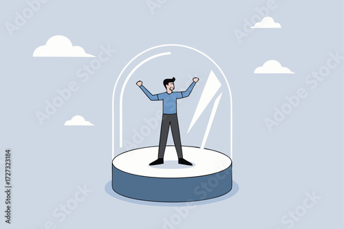 depressed businessman to prison by small glass dome.