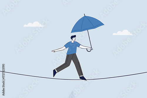 brave businessman balanced walk on high rope.