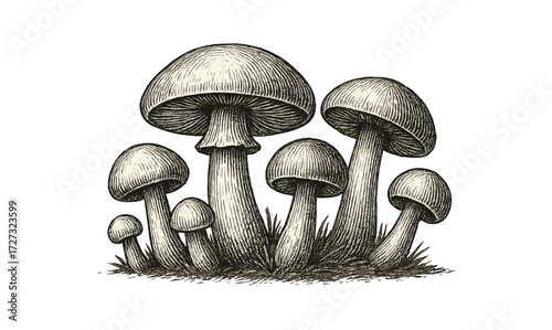 Vintage mushroom engraving illustration on golden background for nature lovers and art enthusiasts