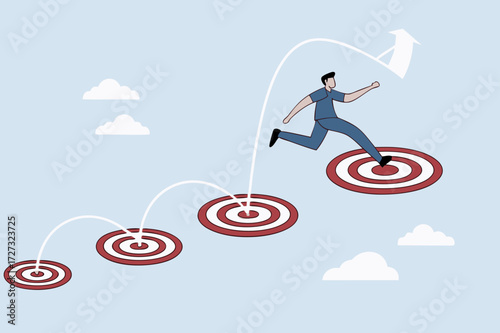 businessman jumping on bigger and higher archery bulls eye.