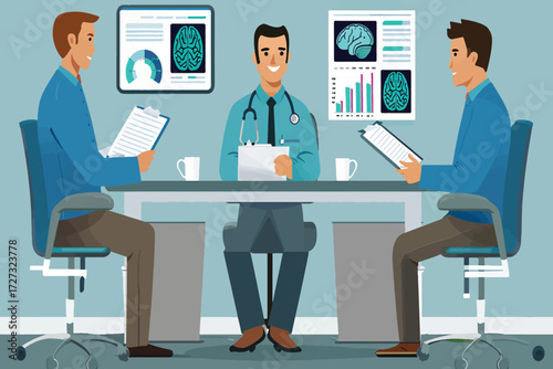 Medical professionals discussing patient brain scans and data