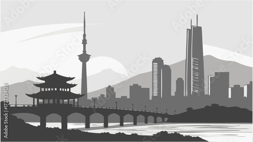 Seoul and tianjin skylines combined in grayscale vector art suitable for cityscape posters, travel designs, and urbaninspired branding projects.