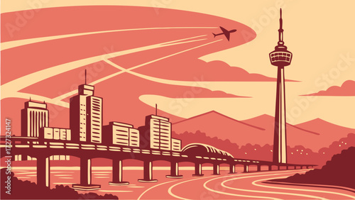 Captivating seoul skyline vector with city, airplane, tower, mountains, and clouds. Suitable for travel, tourism, destination promotion, and advertising projects.