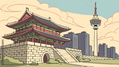 Seoul skyline vector showcasing traditional korean architecture, modern skyscrapers, and n seoul tower. Suitable for travel guides, posters, and city tourism marketing materials.
