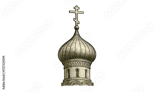 Russian orthodox church dome illustration with cross - vintage engraving design for religious art and architecture projects