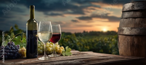 Wine tasting at sunset over vineyards