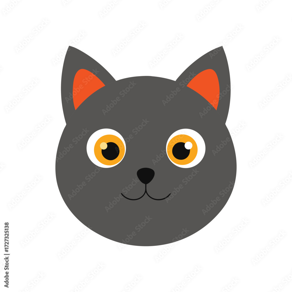 Obraz premium Cute Gray Cat Face with Orange Ears and Yellow Eyes Illustration