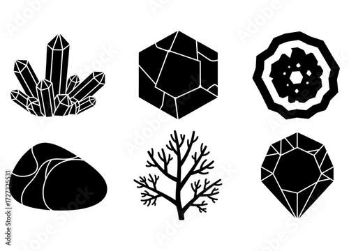 Minimalist black vector icons depicting earth elements sparkling crystals, rugged stones, and branching organic forms