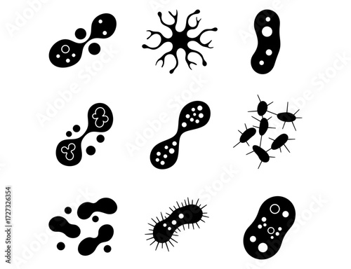 A diverse set of black and white vector icons depicting various microbiological life forms and pathogens