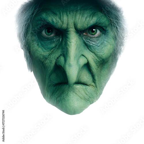Evil witch face with green skin, white isolated background