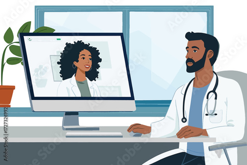 Male and female doctors having an online medical consultation via video call
