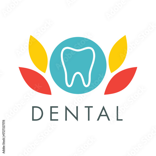 Teal blue circle with white tooth outline surrounded by red and yellow petal shapes and the word D E N T A L