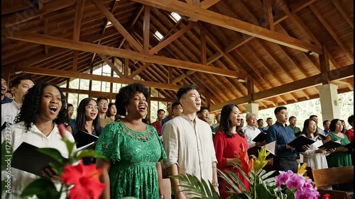 A diverse congregation of men and women joyfully singing together during a church service in a wooden hall.