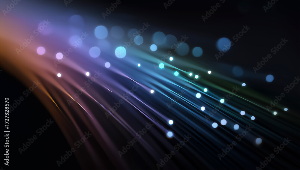 Obraz premium Fiber optic cables glowing in dark background, symbol of communication, data transfer, technology and futuristic internet, digital innovation concept with minimal copy space.