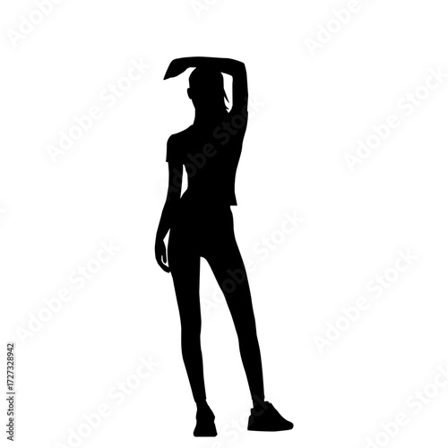 A bold silhouette of a young woman in a dynamic pose, subtly highlighting athletic wear.