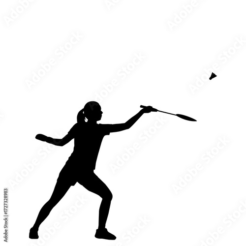 Silhouette of a female badminton player in action.