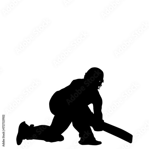 Dynamic silhouette of a cricket player in a low, athletic stance, poised to hit the ball.