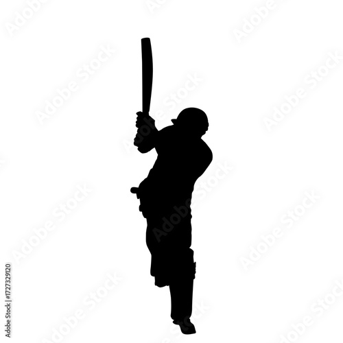 A dynamic silhouette of a cricket player hitting the ball.