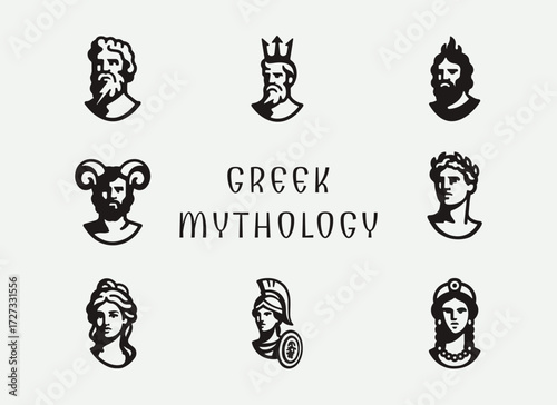 Greek Mythology Logo and Illustration Bundle, Olympian Gods and Goddesses Logos, Zeus Poseidon Hades Athena Apollo Ares Hera Aphrodite Hermes Vector Set, Minimal Mythological Branding, Ancient Greek