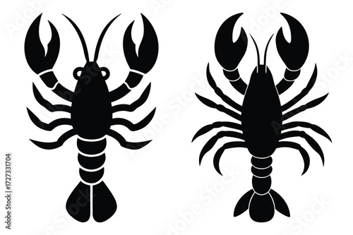 Two Black Lobster Silhouettes Facing Forward on White Background crayfish crustacean