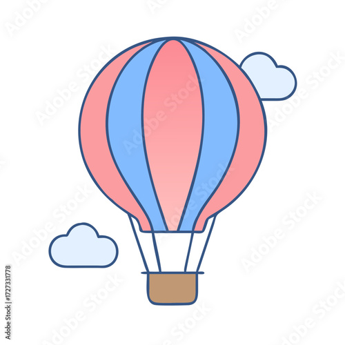 Illustration of a hot air balloon flying in the sky with clouds for travel and adventure design