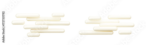 Set of glossy 3d fog icons. Beige plastic mist isolated on white background. Geometric rounded rectangle foggy shapes for low visibility weather forecast. Trendy cute elements. Vector illustration