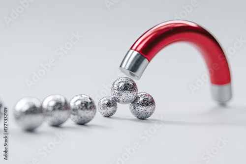 Red magnet attracting silver spheres